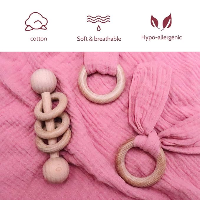 Baby Lovey, Wood Rattle, Teether Ring, 3 Pack Montessori Gift, Coral Pink, Cotton, Double Gauze, Baby Girl Shower Gift