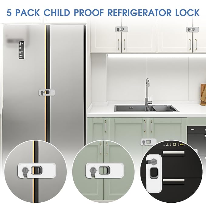 5 Pack Fridge Locks with Self Adhesive, Refrigerator Latch for Kids, Toddlers and Children, Child & Baby Proofing Freezer Door Lock for, Cabinets and Drawers, Oven, Windows