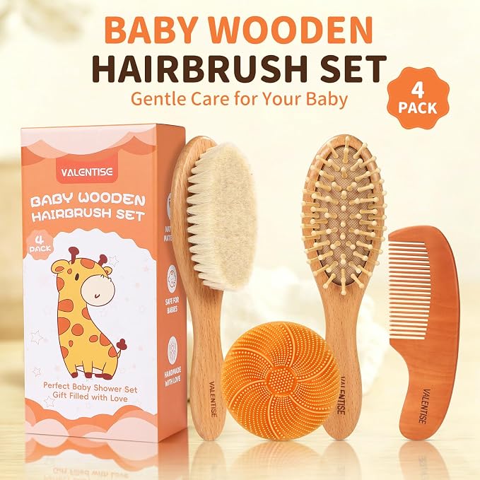 4 Pack Wooden Baby Hair Brush Set, Natural Baby Brush and Comb Set with Soft Baby Cradle Cap Brush for Newborns & Toddlers, Perfect Baby Registry Gift