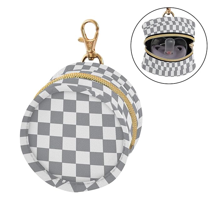 Checkered Plaid Gray Pattern Pacifier Holder Case with Metal Clip Portable Pacifier Holder for Travel