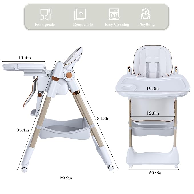 3-in-1 Foldable High Chair for Babies & Toddlers, Adjustable Height, Reclining Seat, Wheels with Safety Locks, Removable Tray, Space-Saving Multifunctional Baby Dining Chair (White)