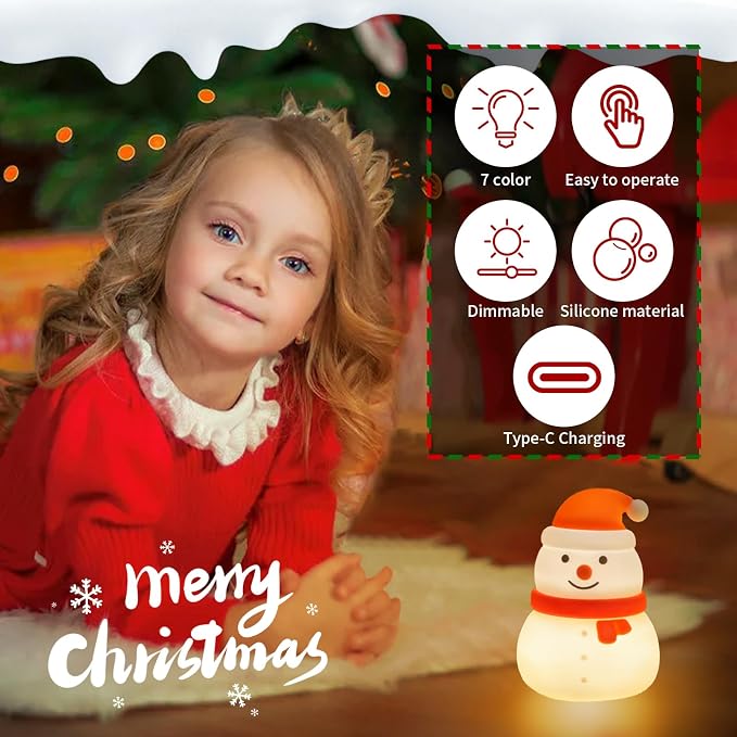 Night Light for Kids,Silicone Snowman Nightlight,Rechargeable Portable Bedside Touch Boot Lamp,Dimmable RGB Christmas Tree Lights for Breastfeeding,Room Decor,Baby Nursery,Gifts for Kids