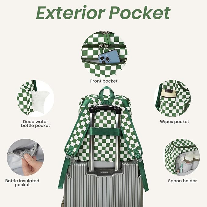 FHELAD Checkered Diaper Bag Backpack with Changing Pad & Stroller Clips, Large Travel Baby Diaper Bag for Newborn Moms, Baby Shower Gifts (Dark Green)