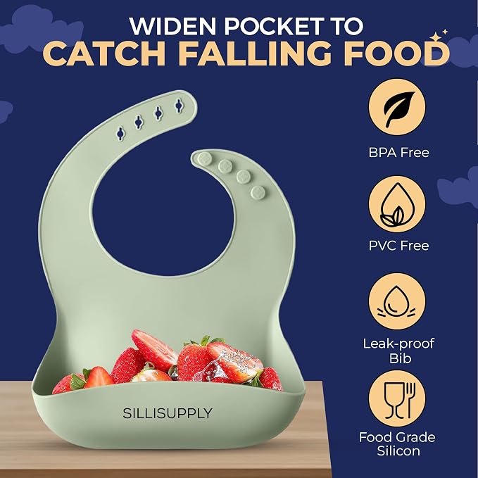 SilliSupply Silicone Baby Feeding Set with Utensil Holders & Catch Compartment - Innovative Weaning Kit with Bib, Spoon, and Suction Mat