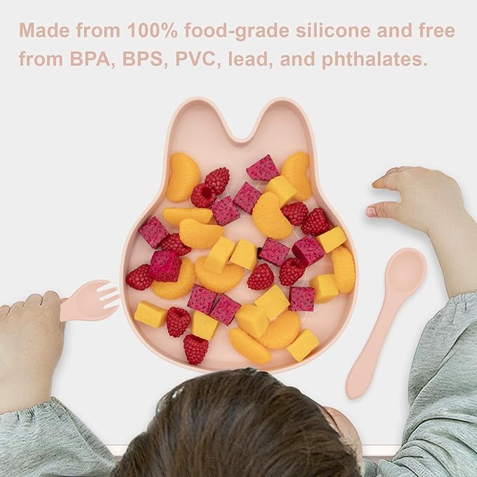 BabyX Baby Silicone Feeder Set, 3-pcs Home Critter-themed Baby Plate with Suction, Spoon and Fork for Babies Toddler Kids, BPA-Free, Baby Utensils Feeding Supplies, Microwave and Dishwasher Safe