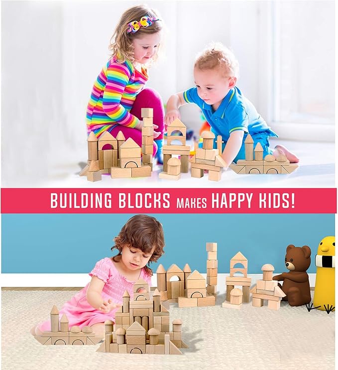 Migargle Wooden Building Blocks Set for Kids - Stacker Stacking Game Construction Toys Set Preschool Colorful Learning Educational Toys - Geometry Wooden Blocks for 3+ Year Old Boys & Girls