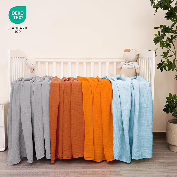 david's kids 4 Pack Baby Muslin Swaddle Blankets 47" x 47", 100% Cotton Swaddling Blankets Wrap for Boys Girls, Ultra Soft Breathable Receiving Blanket, New Born Essentials, Grey&Brown&Ginger&Blue