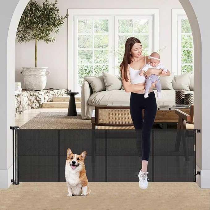 24" Tall X 80" Wide Retractable Baby Gates, Short Dog Gates to Step Over, Reinforced Mesh Pet Gate with Support Rods, Small Puppy Gates for The House, Black