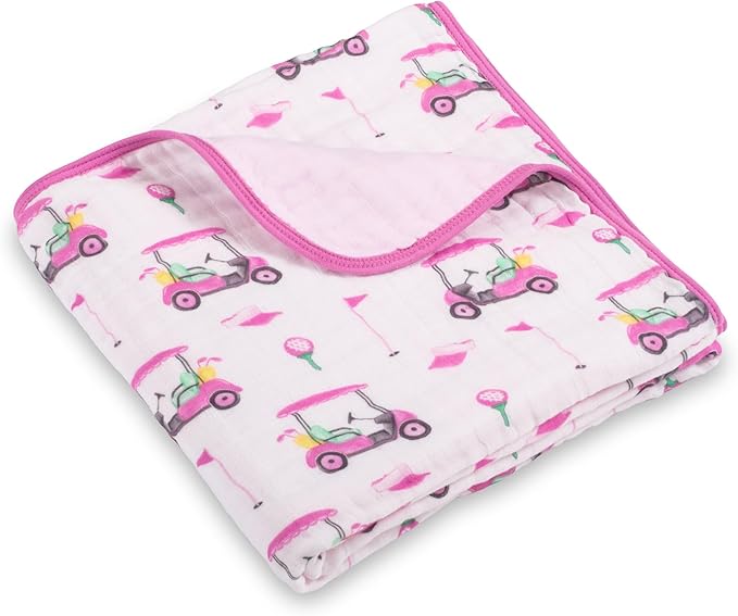 LollyBanks Muslin Baby Blanket, 100% Cotton Baby Quilt for Girls, Large 47 x 47 Inches, 6 Layers Soft and Breathable Toddler Blanket, Cozy Newborn Nursery Blankets, Registry (Pink Golf Print)