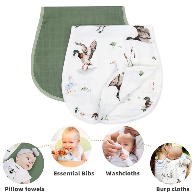 LifeTree Muslin Baby Burp Cloths - 2 Pack 70% Viscose from Bamboo and 30% Cotton Large 22'' by 10.6'' Absorbent Milk Spit Up Rags - Burping Cloths for Newborn, Girls Boys, MallardDuck & Olive
