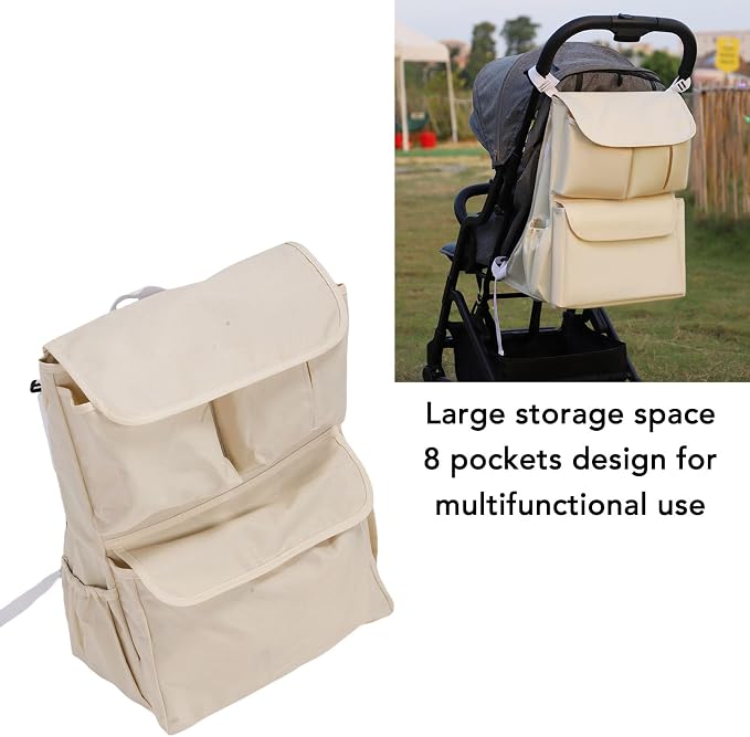 Buachois Stroller Hanging Bag, Universal Baby Stroller Organizer with Multiple Pockets and Cup Holder, Oxford Cloth Storage Caddy for Diapers Bottles Toys Accessories (Beige)