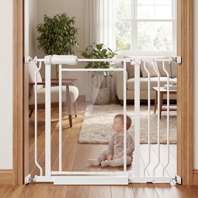 Triple-Lock Acrylic Baby Gate 29.5"-38.5", Crystal Clear Transparent Pet Gate for Dogs, Heavy Duty Metal Gate for Doorways, Pressure Mount Child Safety Barrier, Auto Close, White