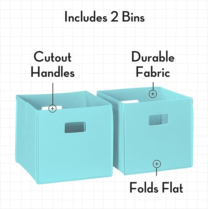 RiverRidge Kids Bookshelf Toy Storage Organizer with 2 Cubbies, 2 Folding Aqua Fabric Bins & Spacious Bin White Playroom Toy Organizer and Cubby Storage