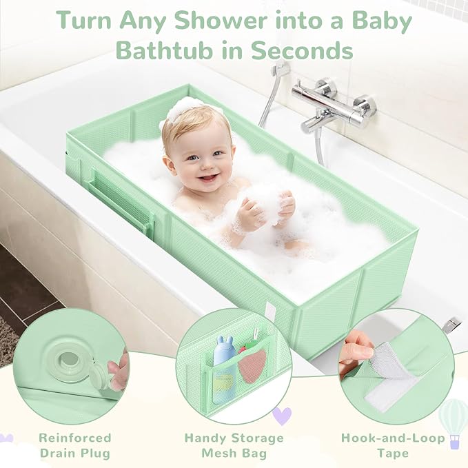Collapsible Baby Bathtub, Foldable Toddler Bath Tub with Chick Pattern Bath Rinse Cup, No Assembly Portable Travel Bathtub for 6M-5Y, Ideal for Shower, Travel Essentials & Baby Registry Gift