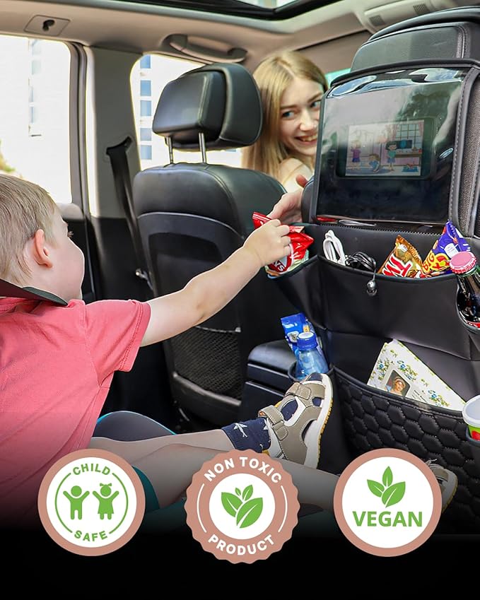 Owleys Back Seat Car Organizer for Kids, Front Passenger Caddy, Center Row Vehicle Storage with Pockets ??Premium Eco Leather, 8 Compartments, Black Travel Accessory for SUV, Truck, Sedan, Van, Jeep
