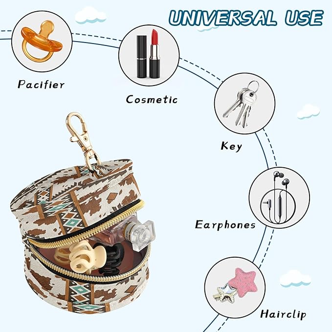 Tribal Cow Print Pacifier Holder Case Portable Newborn Baby Pacifiers Pouch with Clip for Boys & Girls
