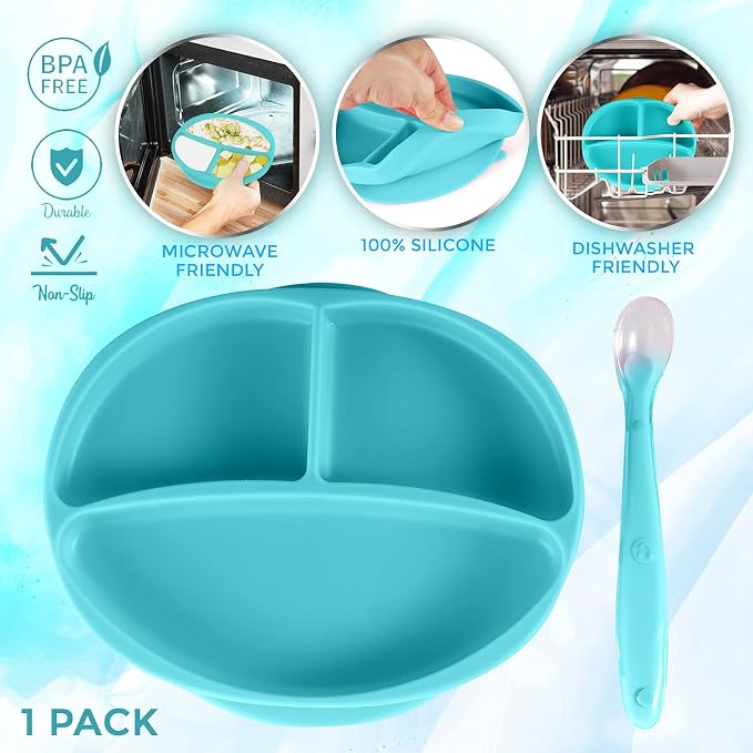 Sperric Silicone Suction Plate for Baby - 100% Food Grade Silicone Divided Plate | Toddler Self Feeding Training Suction Plate Set | BPA-Free, Microwave & Dishwasher Safe Stay Put Plates (Blue)