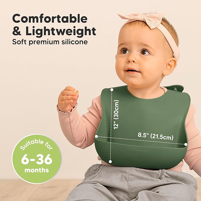 KeaBabies 2-Pack Silicone Bibs for Babies, Toddlers Girl, Boy ??Sturdy Food-Grade Baby Bibs for Eating, Large Food Catcher, Clean & Put On Easily, Waterproof Toddler Feeding Essentials (Forest)