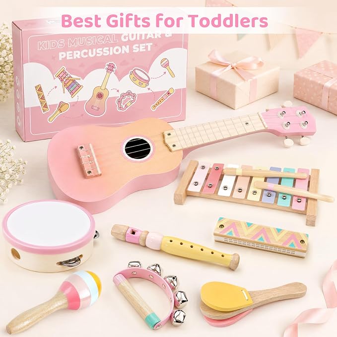 Pink Kids Guitar Set - 8 in 1 Toddler Musical Instruments,Montessori Wooden Ukulele Xylophone Tambourine Maracas Flute,Toy Guitar for Toddler Girl Ages 1-3, 2 3 4 Year Old Girl Birthday Gift