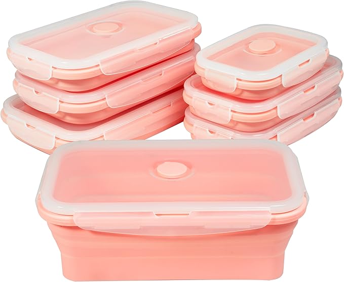 Plus 6PCS Foldable Silicone Food Storage Containers for Kitchen Storage for Leftovers Fruits and Meal Prep Dishwasher Safe Microwave Safe Ideal for Home and Travel (Pink, square)