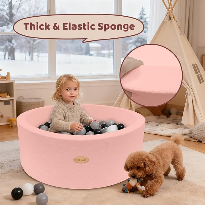 HARBOLLE 35.4" Soft Fleece Ball Pit & Playpen for Toddlers & Babies, Indoor/Outdoor Kids Foam Play Center, for Boys & Girls, Pink
