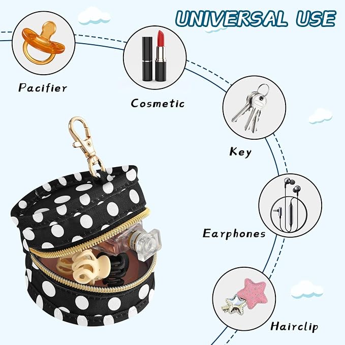 Black White Polka Dots Pattern Pacifier Holder Case with Clip Portable Pacifier Storage Bag for Girls Boys