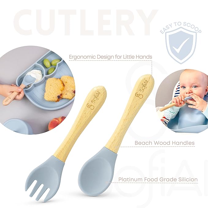 BPA-Free Non-Toxic Silicone Baby Feeding Set ??Suction Plate, Bowl, Bib & Cup ??11-Piece Baby Led Weaning Set for Ages 6-18 Months ??Eco Gift Bag (Dusty Blue)