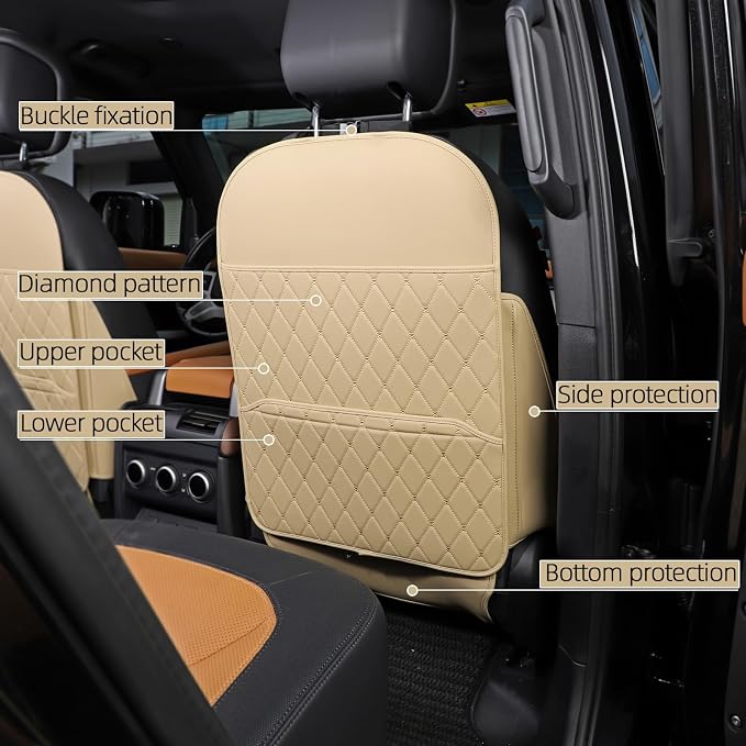 TAIKOO Seat Back Protector + Large Capacity Pocket Storage Organizer,Preventing The Impact of Children Stepping on The Seat Backrest (Style A-Beige)
