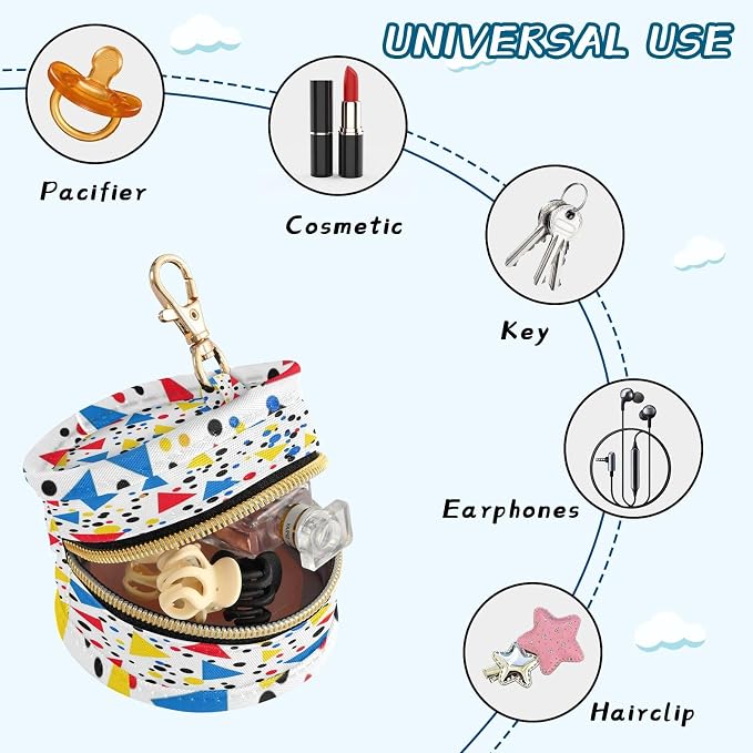 Pacifier Holder with Clip Pacifier Case for Diaper Bag Round Baby Pacifier Pouch Box Bag Portable Colorful Triangle Dots