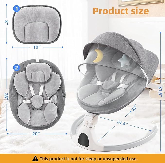 Soobaby Baby Swing for Infants,Electric Swing for Babies,Portable Swing for Baby Boy Girl,Remote Control Indoor Baby Rocker with 5 Sway Speeds,Music and Bluetooth,Light Gray