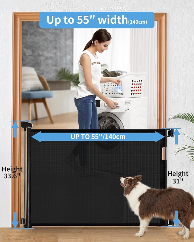 Retractable Baby Gate for Stairs – 33” Height, Expands up to 55” Width – Safety Gate for Infants, Toddlers, Dogs & Pets – Easy Install, Secure Closure, Black Mesh Design for Indoor & Outdoor Use