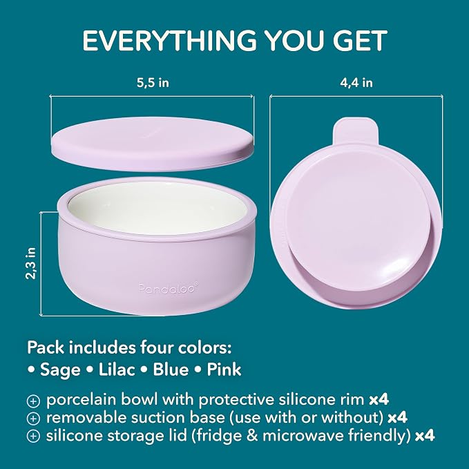 Pandaloo® Porcelain Kids Bowls 4-Pack with Removable Suction Base & Silicone Lid, Non-Toxic Toddler Feeding Bowls, Microwave & Dishwasher Safe, Ceramic Baby Bowls for Babies & Toddlers