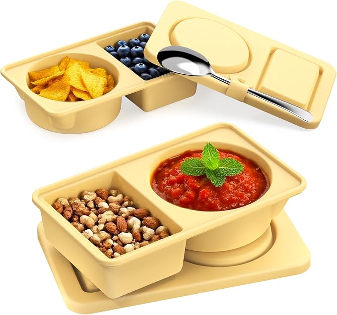Reusable Snack Containers with Lids Silicone, 2 Pack 2/Double Compartment Snackle Box Containers for Adults Portion Control Lunches Picnics Parties, BPA-Free, Microwave Safe（Yellow）