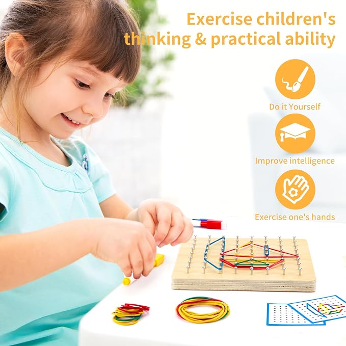 HEELWIRE Wooden Geoboard, Montessori Educational Toy for Kids with Pattern Cards and Rubber Bands to Figures and Shapes, Brain Teaser STEM Geo Board