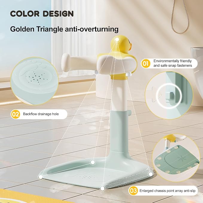Baby Shower Stand, Foldable Baby Duck Frug Bath Stand Adjustable Infant Bath Support Toddler Shower Stands with Anti-Slip Base Drainage Holes Showers Head Holder for Infants 8-24 Months Gift Yellow C