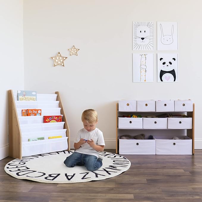 Humble Crew Toy Storage Organizer with 9 Removable Fabric Bins, Natural/White ??Premium Playroom Toy Organizer for Toddlers Ideal for Kids' Rooms, Playrooms, and Nurseries - Modern Toy Bins for Kids