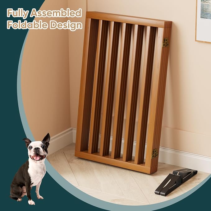 32" H Extra Tall Freestanding Dog Gates Indoor, 4-Panel Bamboo Wood Door Gates for Pets with 2 Metal Stands and 360°Hinge, Folding Pet Barrier for Stairs, Doorways, Kitchen 74" W x 32" H - Walnut