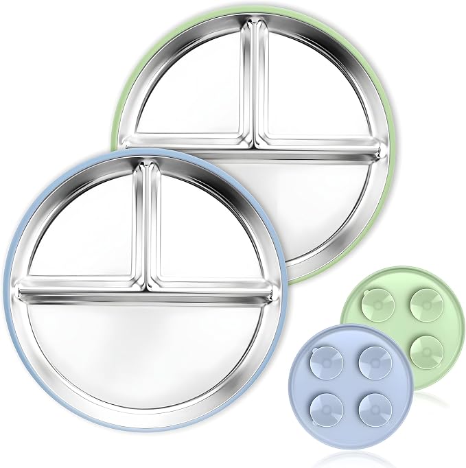 2 Pcs Stainless Steel Toddler Plate with Suction,Metal Toddler Divided Plates with Removable Silicone Sleeves for Kids, Non Slip Unbreakable Baby Snack Dishes (Blue & Green)