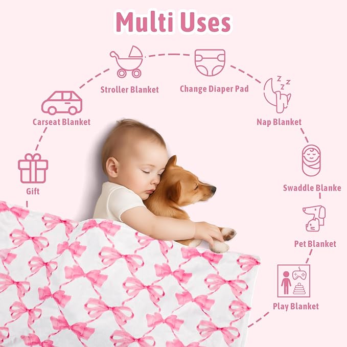 Baby Girl Blanket, Sotf Crib Swaddle Blanket, Dotted Backing, Reversible Bedding Soft Blanket for Newborn, Toddler Girls Boys Gift, 30 x 40 Inch, Pink Bow