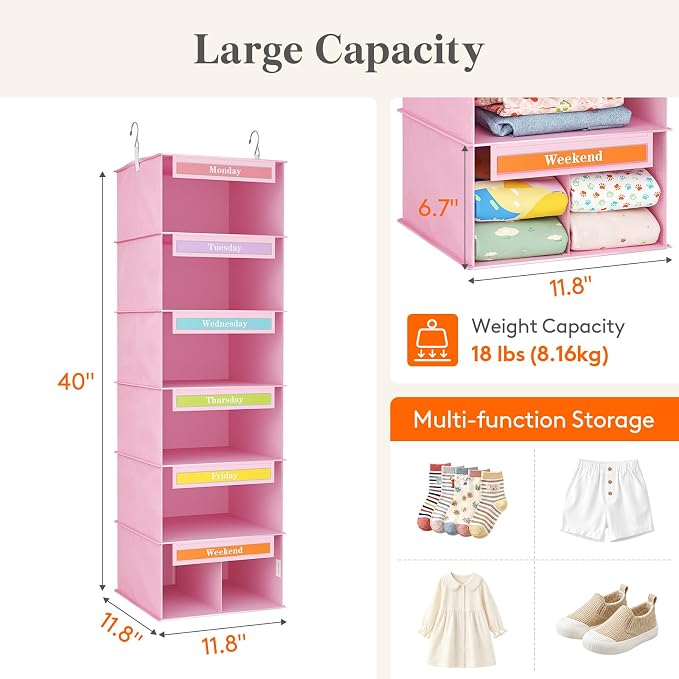 Lifewit 6 Shelf Weekly Clothes 0rganizer for Kids, Baby Hanging Closet Storage with Color Labels for School Outfits, Todder Daily Clothing Divider with Days of The Week Monday to Friday Weekend, Pink