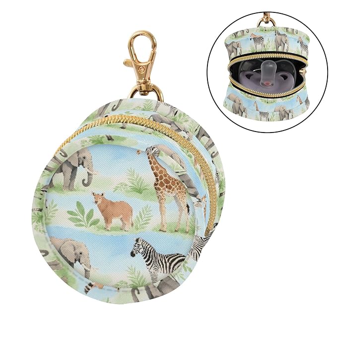 Baby Pacifier Case with Clip, Safari Animal Pattern Portable Pacifier Holder, TPU Lined Dust-Proof Storage Pouch for Diaper Bag and Stroller