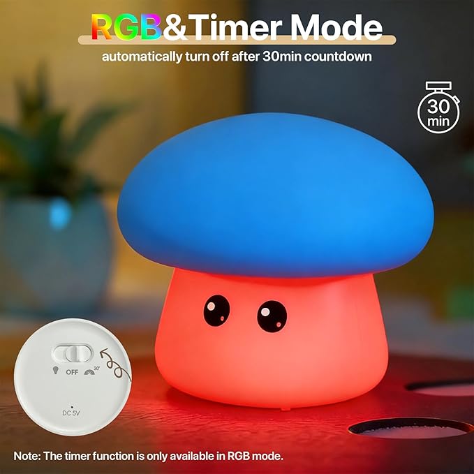 Cute Blue Mushroom Night Light for Kids Rechargeable, Battery Operated Nightlight 3 Level Dimmable with RGB&Timer, Silicone Touch Nursery Lamp for Baby Girls Boys Bedroom Gifts