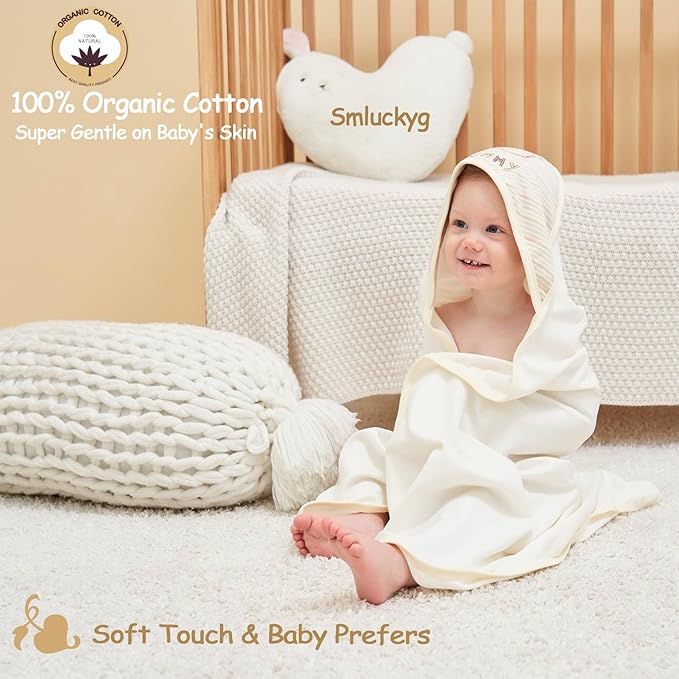 6-Pack Organic Cotton Baby Bath Set - Ultra Soft Embroidered Hooded Towel and 5 Washcloths, Premium Gentle Newborn, Toddlers Gift for Sensitive Skin, Stripes, 30 x 30 Inch