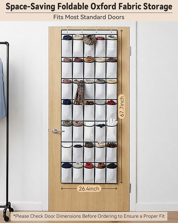 dodowin Over the Door Shoe Organizer Rack, 35 Large Breathable Mesh Pockets, Foldable Hanging Storage Holder for Closet Door, Space Saving Shoe & Accessory Organizer with 4 Metal Hooks, White