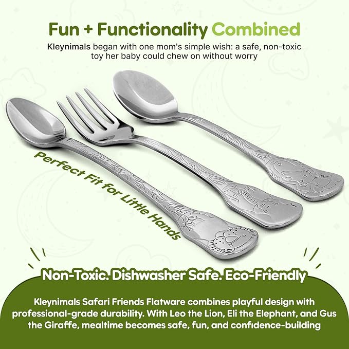 Kleynimals Safari Friends Made in USA Baby Flatware ??100% Stainless Steel Baby Forks and Spoons, Non-Toxic, BPA-Free, Eco-Friendly, Dishwasher Safe ??Safe Utensils for Babies & Toddlers