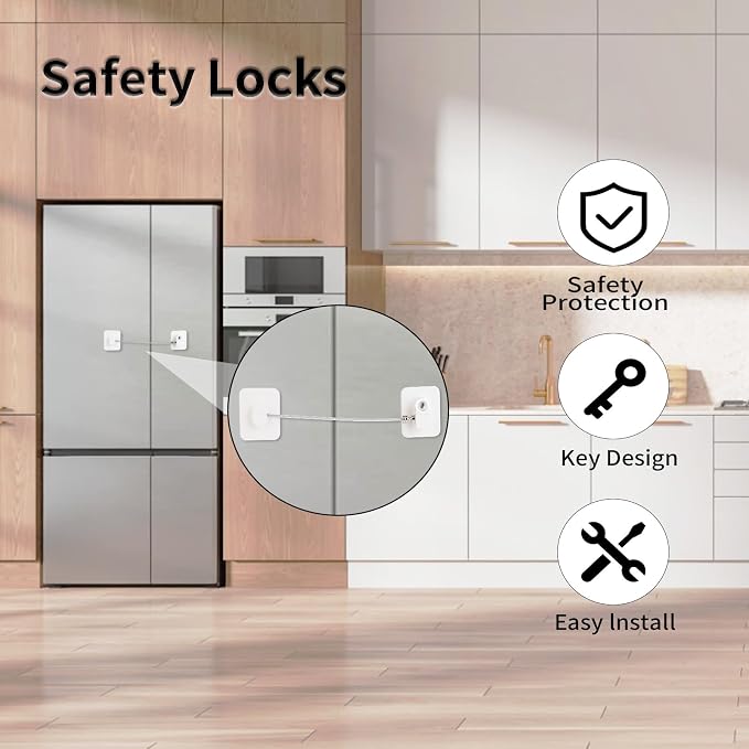 Fridge Lock with Key, Safety Lock for Refrigerator, Cabinet, Drawer, Window – Easy to Install, No Drilling(2 Pack, Rectangle White)