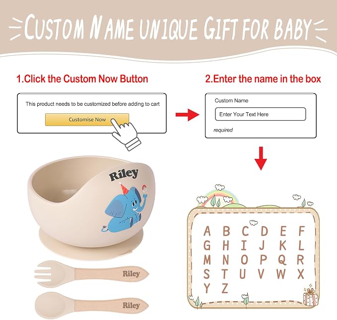 TYRY.HU Personalized Baby Bowl with Suction with Name, Baby Spoon and Fork with Name, Baby Led Weaning Supplies, Silicone Baby Feeding Set (Beige)