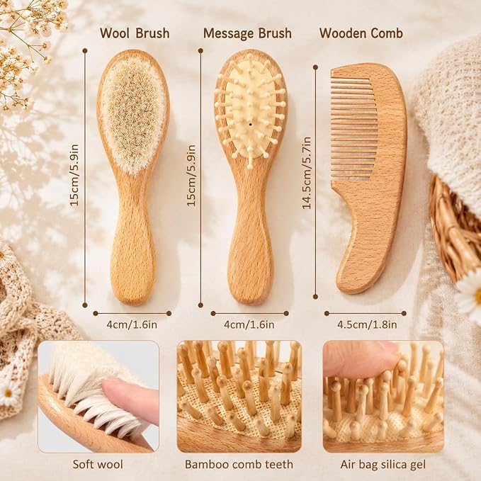 Custom Engraved Name Wooden Baby Brush And Comb Set For Newborns, Personalized Baby Shower Keepsake Gift, Soft Goat Bristle Hairbrush For Toddler Boys & Girls