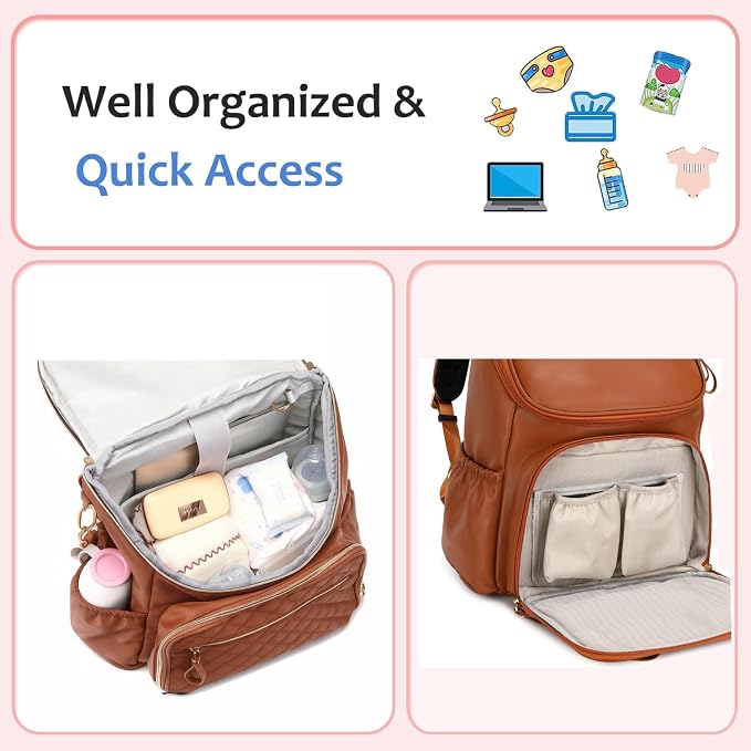 LORADI Lightweight Diaper Bag Backpack with Stroller Clips, Insulated Pockets, Baby Shower Essentials (Classic, Brown)