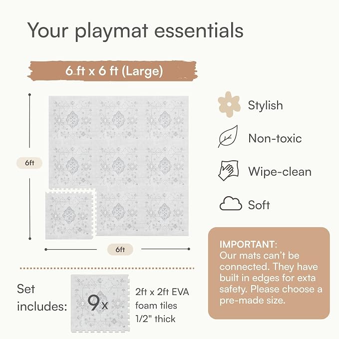 Lillefolk Baby Play Mat for Floor – 6x6ft Vintage Gray | PFAS Free Non Toxic Premium EVA Foam Tiles for Tummy Time, Crawling & Playpen – No Loose Edges Interlocking Mat for Babies & Toddlers (9 Tiles)